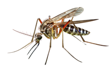 Close-up of a mosquito perched on a leaf with detailed view of its wings and legs isolated on white background