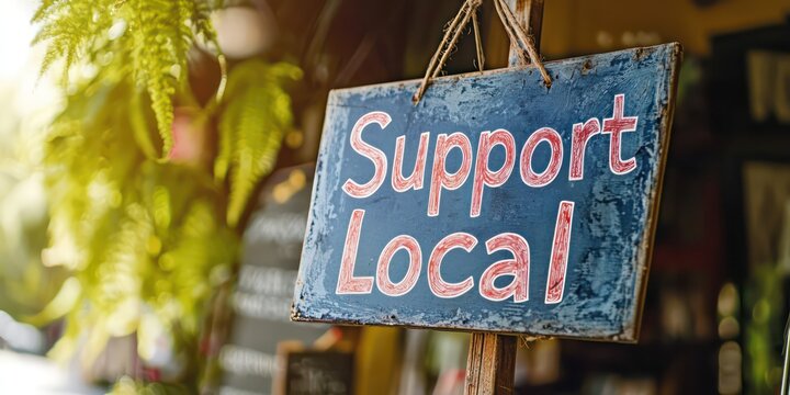 A close-up of a "Support Local" sign in front of a charming small business, showcasing community support and local entrepreneurship.