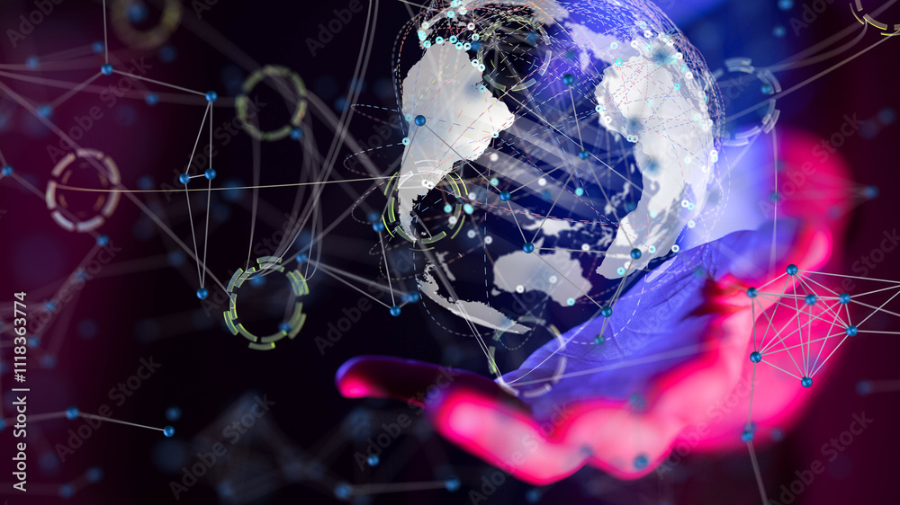 Poster world Global network. Blockchain. 3D illustration. Neural networks and artificial intelligence. Abstract