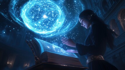 Obraz premium a sorceress girl who studies a book with astrology 