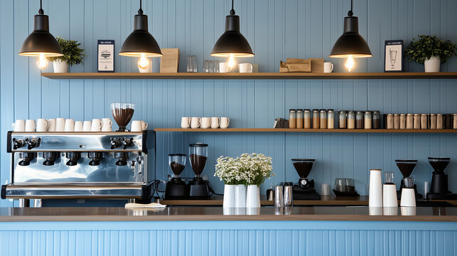Coffee shop interior with modern design featuring espresso machine and shelving