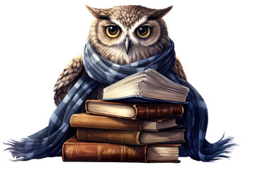 Obraz premium An elegantly dressed owl with a stylish scarf around its neck, sitting on a stack of books, isolated on white background