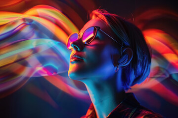 Fototapeta premium Young woman with headphones and oversized glasses enjoying music, surrounded by dynamic red, blue, and orange tones. Ideal for concepts of creativity, sound, nightlife, and modern futuristic vibes