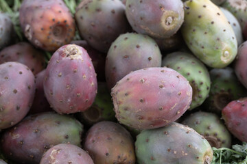 Closeup of cactus pears in varying ripeness stacked together
