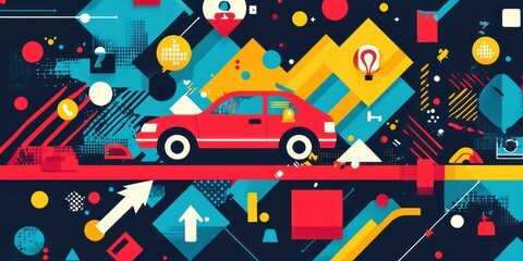 Obraz premium A colorful flat vector illustration of a car crash, with icons of impact and motion to indicate a collision.