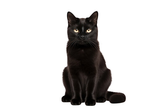 Adorable black cat with bright, expressive eyes and a soft, glossy coat sitting elegantly on a white surface