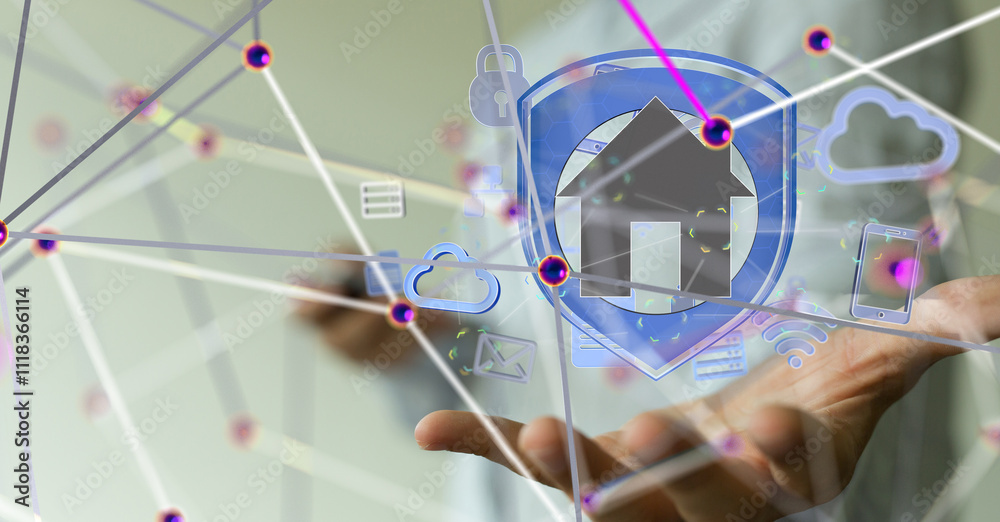 Poster home iot - Neural network 3D illustration. Big data and cybersecurity - 3d
