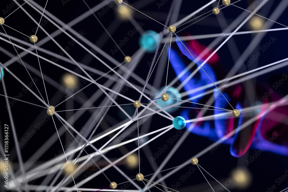 Aufkleber Global network. Blockchain. 3D illustration. Neural networks and artificial intelligence. Abstract