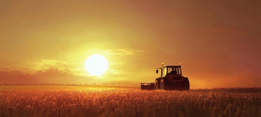 Fototapeta premium Golden Hour Harvest: Tractor in a Wheat Field at Sunset