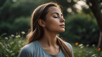 Naklejka premium Serene young woman taking deep breath of fresh air relaxing meditating with eyes closed enjoying peace, calm girl tranquil face doing yoga pranayama exercise feel no stress free relief, side view