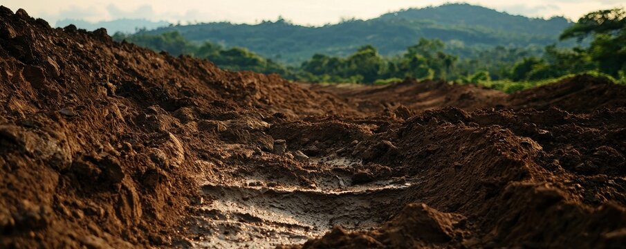 The image depicts a muddy, uneven terrain with visible tire tracks and lush green hills in the background, showcasing a natural landscape affected by activity.