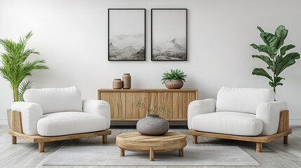 Fototapeta premium Elegant Scandinavian decor with white sofas, a cozy fireplace, and an art poster display