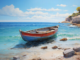 Fototapeta premium Eyecatching Old wooden boat on the sand behind a woman