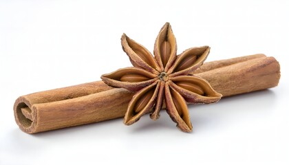 Close-up image of a star anise pod alongside a cinnamon stick isolated on white background. Highlighting spices often used in cooking, baking, and holiday preparations.