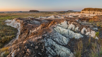 A panoramic view of a rugged landscape featuring layered earth formations, with grass and hills under a soft sunset sky.