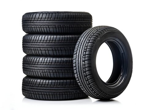 A clean stack of black rubber tires is reflected isolated on white background, showcasing their tread patterns. Perfect for automotive, transportation, or tire-related themes and promotions.