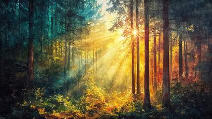 Fototapeta premium Beautiful forest panorama with sunlight filtering through the woods