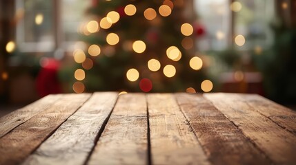 A blurred background of holiday lights with a rustic wooden table in focus, creating a cozy, festive atmosphere.