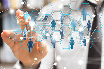 holding 3D rendering group of blue people