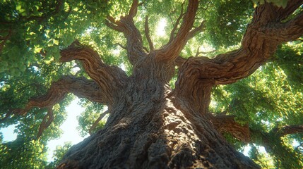 Majestic old tree viewed from below, sunlight filtering through leaves.