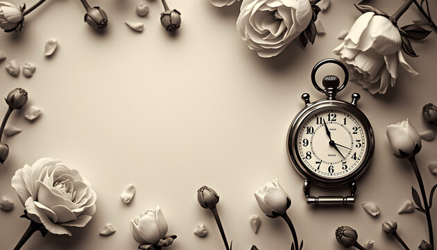 Black and white photo with pressed flowers and vintage clock
