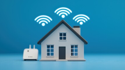 A small house model with Wi-Fi signals above it, next to a plug, representing home connectivity and smart technology.