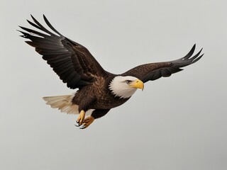 Fototapeta premium Сlose up bald eagle in flight isolated on white background. AI generated.