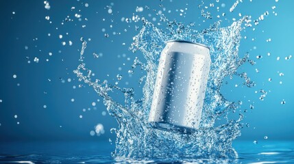 Refreshing aluminum can splashing into water.
