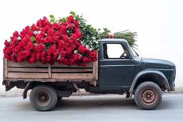 Retro truck with vibrant red roses on white background. Isolated. Flower delivery, Valentine’s Day, flower delivery, weddings, business promotions for florists, blog post, advertisements
