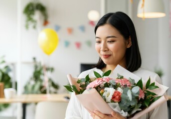 Asian businesswoman smelling a bouquet of flowers she received as a gift in the office during her birthday