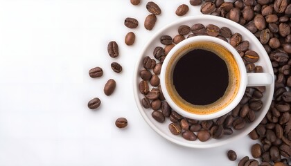 Top view of a steaming coffee cup on a saucer, surrounded by roasted coffee beans. Perfect for conveying morning energy and the aromatic essence of freshly brewed coffee. Isolated on white background