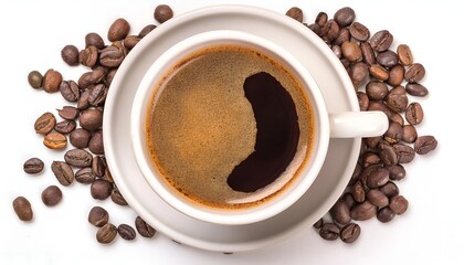 Fototapeta premium Top view of a steaming coffee cup on a saucer, surrounded by roasted coffee beans. Perfect for conveying morning energy and the aromatic essence of freshly brewed coffee. Isolated on white background