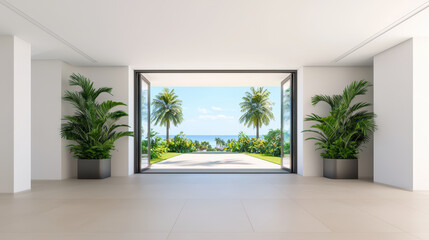 modern interior view showcasing large open doors leading to tropical landscape with palm trees and ocean views. bright space is enhanced by lush greenery, creating serene atmosphere