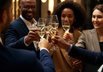 Business colleagues celebrating success, making a toast with champagne flutes at corporate event
