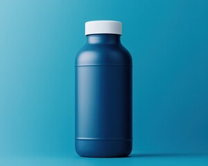 Blue Plastic Bottle with White Cap on Solid Blue Background, Ideal for Packaging Solutions or Product Visualizations in Professional Advertising and Marketing Campaigns