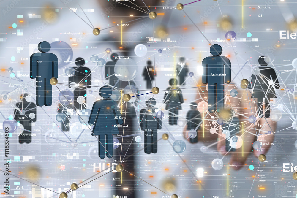 Poster Global network. Blockchain. 3D illustration. Neural networks and artificial intelligence. Abstract