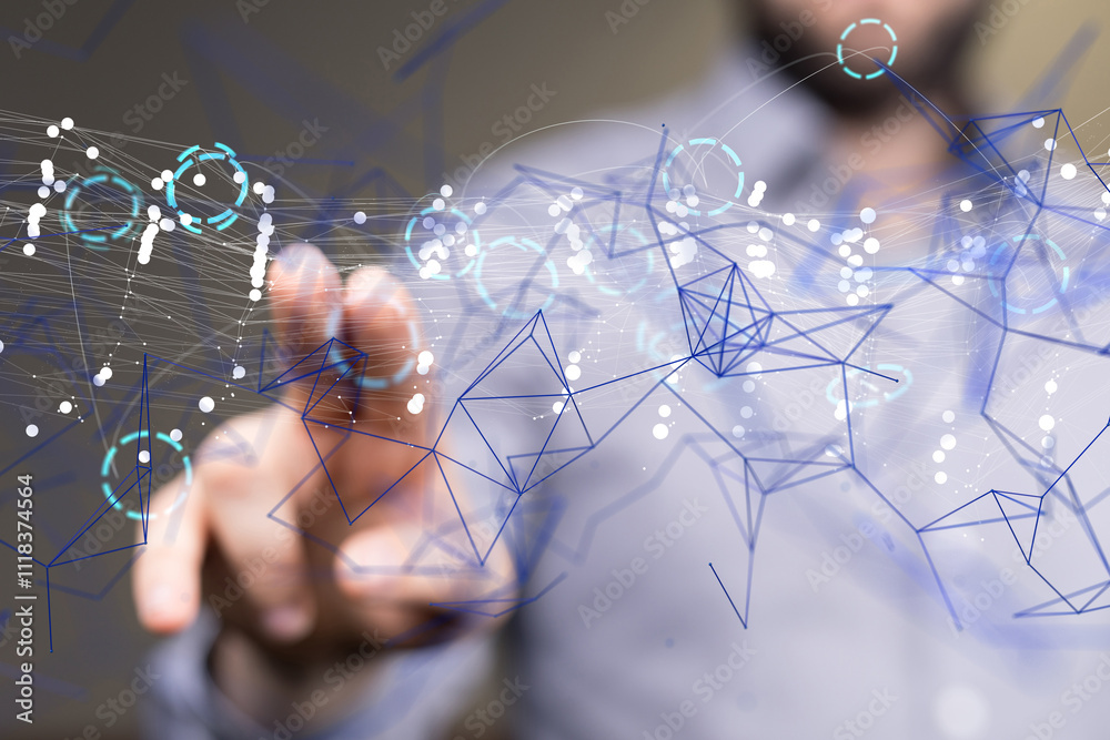 Poster Global network. Blockchain. 3D illustration. Neural networks and artificial intelligence. Abstract  - neural network exposure digital
