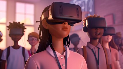 Group of diverse people wearing advanced virtual reality headsets immersed in a futuristic digital environment showcasing the latest in immersive entertainment and cutting edge technology