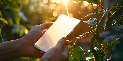 Hand touching the screen of mobile at outdoors 
