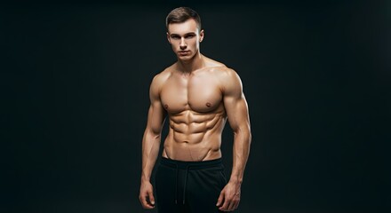 Fototapeta premium Slim muscular male model at black background. Fitness shirtless guy in black sport pants posing in studio. Man with six pack abs looking at camera.