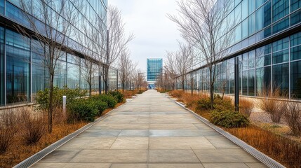 Obraz premium A long, narrow footpath bordered by sleek office buildings and sparse trees, wrapped in the silence of a cold day.