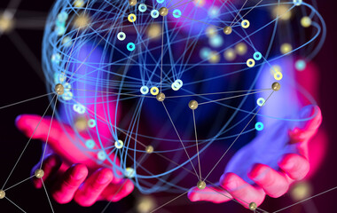 Global network. Blockchain. 3D illustration. Neural networks and artificial intelligence. Abstract