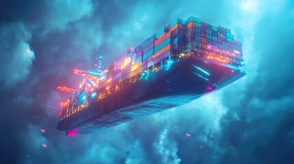 A holographic container ship appearing in mid-air, symbolizing augmented reality in logistics planning 