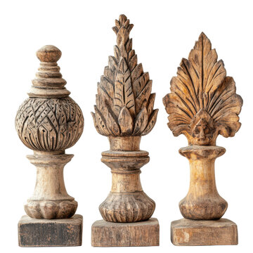 Antique Carved Wooden Finials Ornate Architectural Details Set of Three