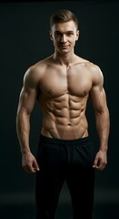 Fototapeta premium Slim muscular male model at black background. Fitness shirtless guy in black sport pants posing in studio. Man with six pack abs looking at camera.