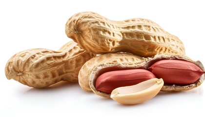 A group of whole peanuts in their shells, including one opened peanut revealing its edible seeds. Perfect for food-related projects and marketing materials. Isolated on white background