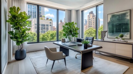 Bright home office featuring a sleek desk, comfortable chair, and floor-to-ceiling windows with greenery and wall art