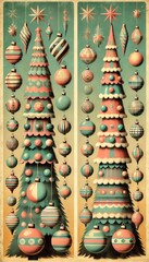 Whimsical Festive Trees with Dangling Ornaments and Vibrant Patterns