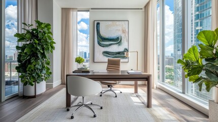 Naklejka premium Bright home office featuring a sleek desk, comfortable chair, and floor-to-ceiling windows with greenery and wall art