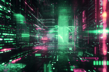 Vibrant digital world glows with neon lights flowing data, evoking futuristic cyberspace feel.